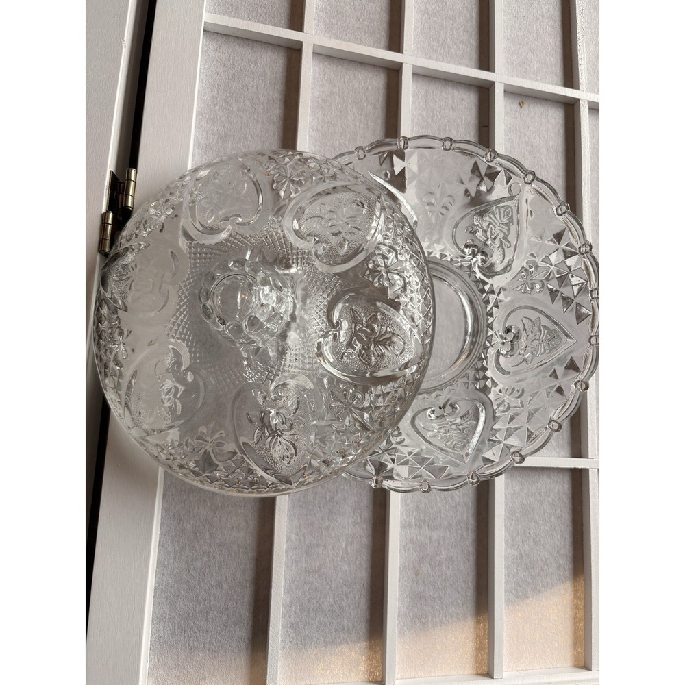 Vintage Lead Crystal Cut Glass Bowl With Lid, Hearts, 6.75" Diameter, Candy Dish